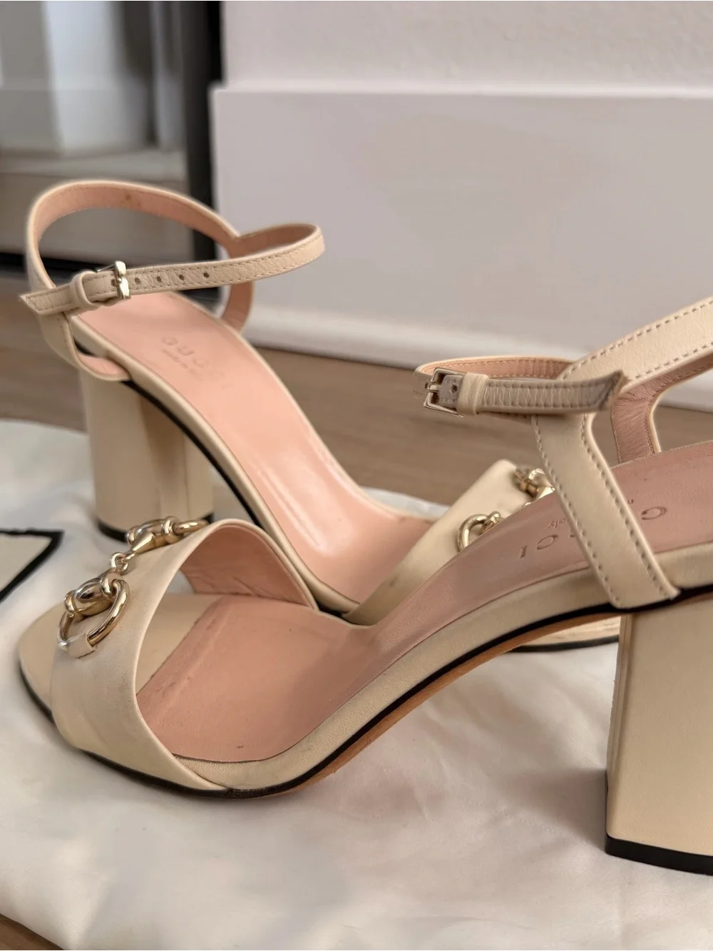 Gucci Cream Leather Horsebit Ankle-Strap Heels